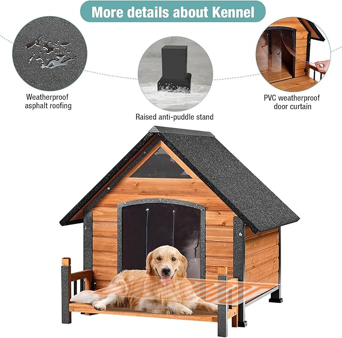 Insulated Dog House with Heating Pad, Weatherproof Outdoor Kennel for Large Dogs, Chew-Resistant Iron Frame & Asphalt Roof (Wood-H, XL)