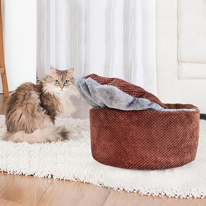 Winsterch Large Cat Cave Bed - Soft, Enclosed & Washable for Indoor/Outdoor Cats & Kittens, Anti-Slip Bottom, Calming, Covered (Coffee, 17.8 x 17.8 x 7.84 in)