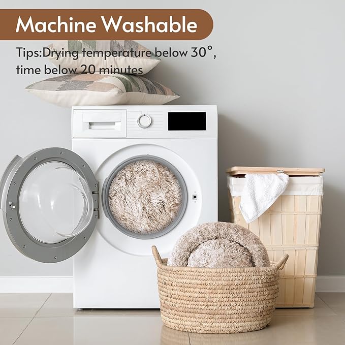 JOLLYVOGUE Calming Dog & Cat Bed for Large Dogs, Anti-Anxiety Donut Cuddler Cozy Soft Round Bed with Anti-Slip Bottom, Fluffy Faux Fur Plush Cushion Beds for Medium Dogs (36")