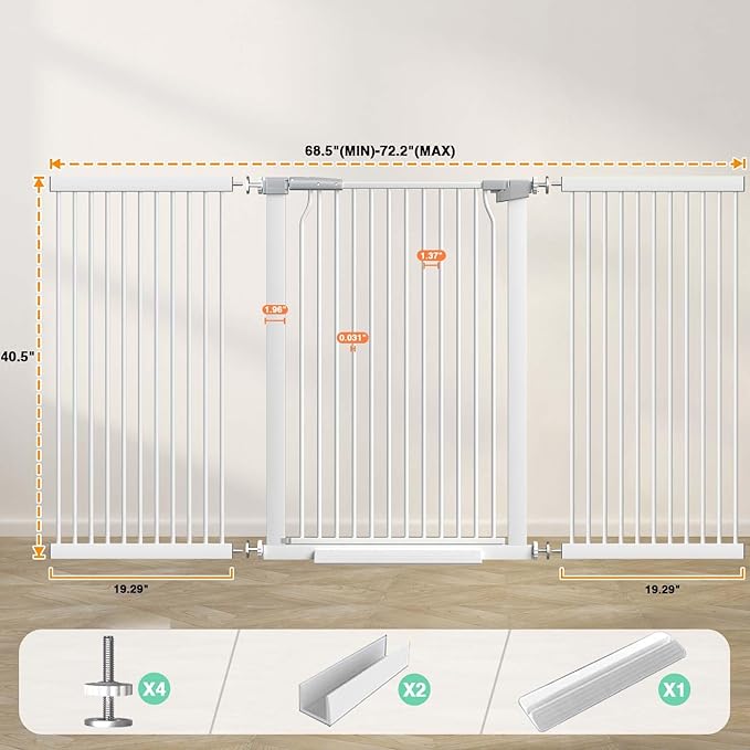 40.5" Extra Tall Baby Gate for Stairs, 68.5"-72.2" Extra Wide Large Dog Pet Gate Indoor for House, Long Safety Child Gate No Drill, Metal Auto Close Doggie Barrier for Doorway, White