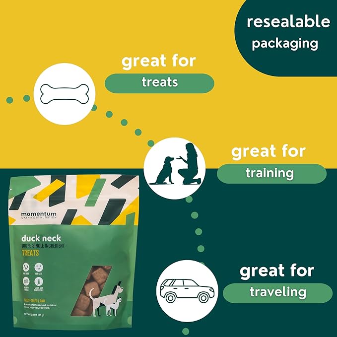 Momentum Carnivore Nutrition Freeze-Dried Duck Neck Dog Treats – Single-Ingredient, Dog & Cat Treats – High-Protein, Grain-Free– 3 oz Bag