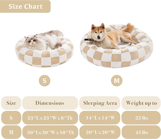 Checkered Dog Bed, Cute Beige Khaki Retro Style Aesthetic Round Warming Pet Calming Beds for Small Dog and Cats, Plush Cozy Donut Dog Beds Washable, 30" L x 30" W x 8" Th
