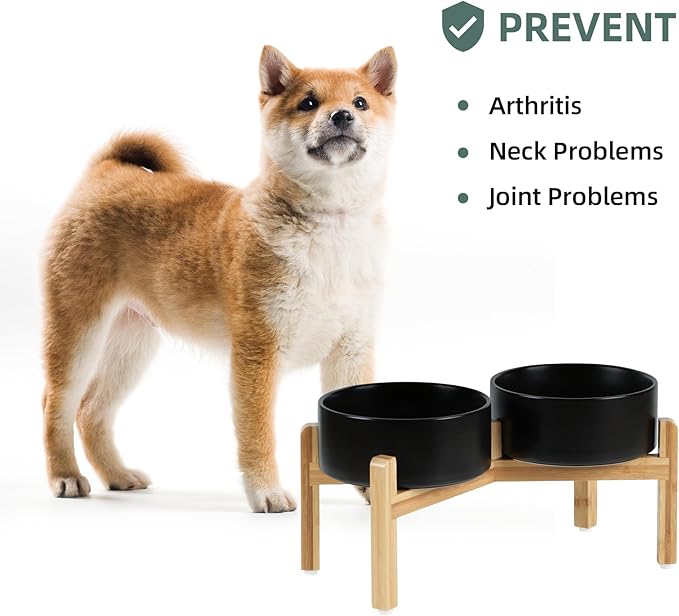 Ceramic Raised Double Bowls Set with Stand, Food & Water Bowls for Medium Breed Dogs, Weighted Dog Dishes, Pet Bowl(7.3'',41OZ, Black)