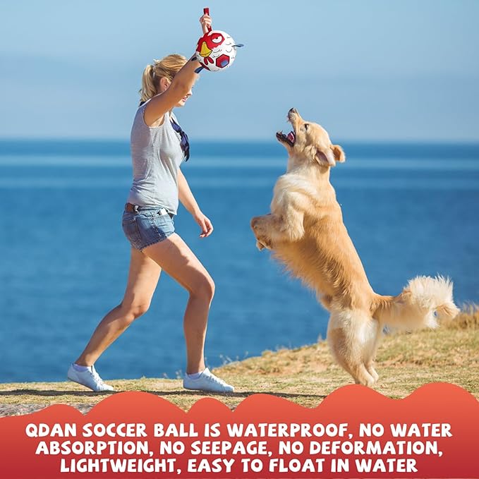 QDAN Dog Toys Soccer Ball with Straps - Durable Extra Large Dog Balls, Beach Pool Water Toys, Herding Balls (9 Inch)