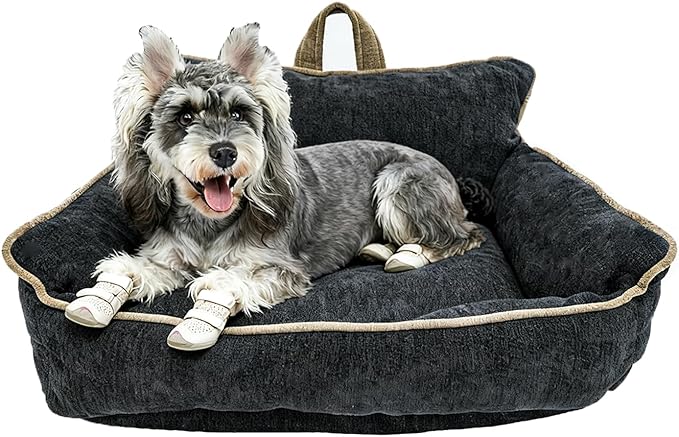Small Orthopedic Dog Sofa Bed with Sides, Carry Handle & Side Pockets .Plush Chenille Orthopedic Pet Bed Couch for Small Breed Dogs & Cats .Portable Snuggler for Indoor Use, Travel & Recovery