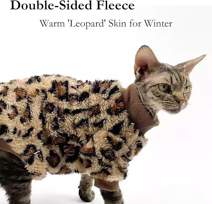 Cat Leopard Double-Sided Fleece Pullover, Soft Warm Clothes for Hairless Sphynx, Devon & All Indoor Kittens in Winter (Leopard,M)
