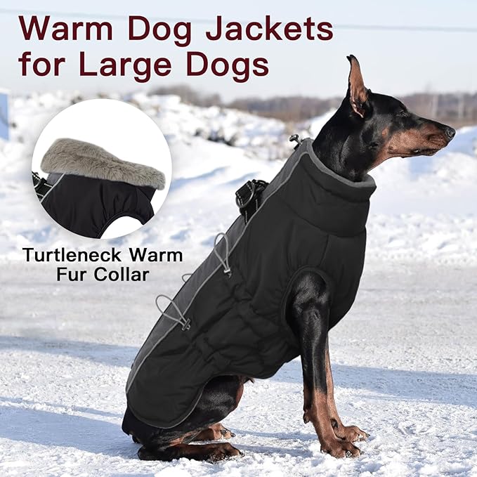 Dog Winter Jacket - XX Large, Warm Zip Up Snowsuit Dog Harness Vest, Reflective, Water-Resistant, Black