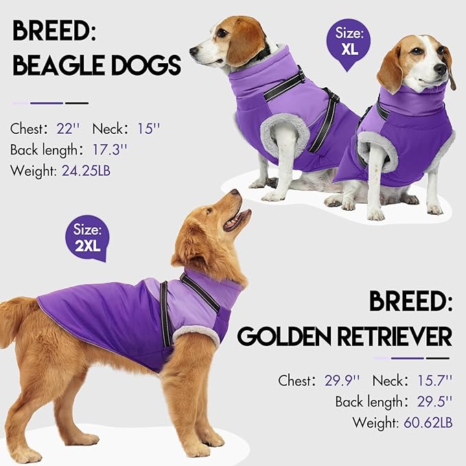 Large Dog Jacket - Built-in Harness, Waterproof & Windproof, Fleece Lined, Perfect for Snow & Winter