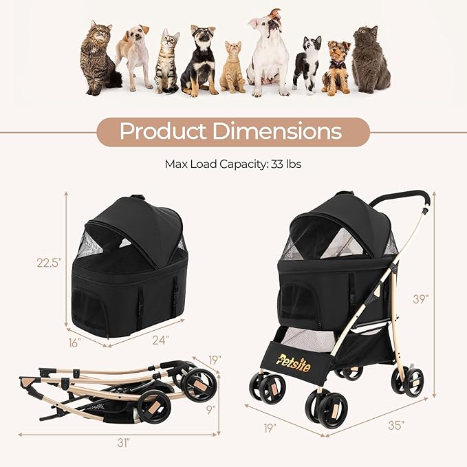 PETSITE 3-in-1 Pet Stroller, Portable Folding Dog Cat Stroller with Removable Car Seat Carrier, Adjustable Canopy, Zippered Mesh Entry and Storage Basket, Ideal for Small or Medium Sized Dogs