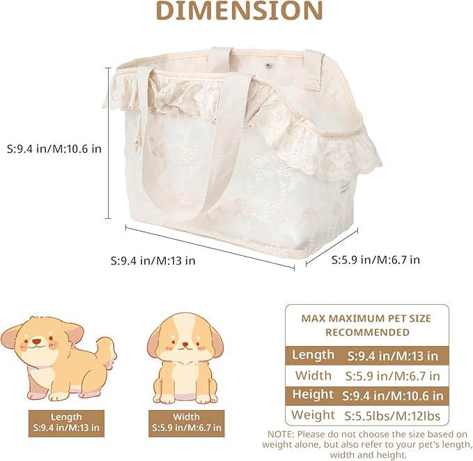 Dog Carrier for Small Dogs Rabbit cat with Lace Design, Cotton Bag, Dog Carrier Soft Sided, Collapsible Travel Puppy Carrier (Beige, 13" L x 6.7" W x 10.6" H)