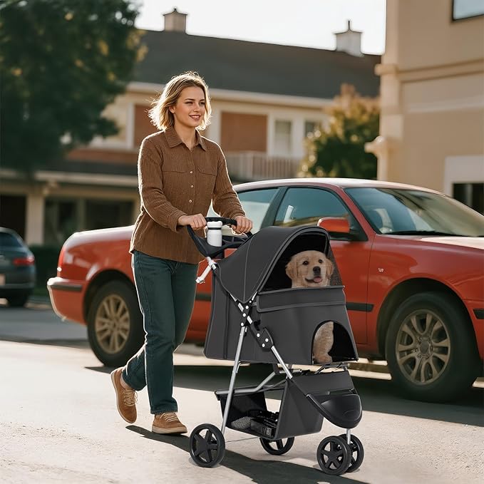 Cat Dog Stroller,3-Wheels Pet Stroller for Medium/Puppy Dogs 30 Lbs, Cat Strollers for 1 Cats, Foldable Dog Stroller with Storage Basket and Cup Holder, Breathable Mesh Black