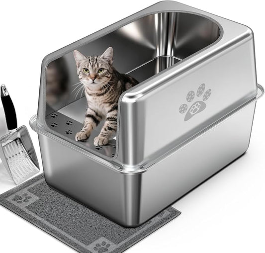 Enclosed Stainless Steel Cat Litter Box with Lid, XL Leak-Proof Metal Litter Box for Big Cats, Extra Large Cat Toilet with High Side, Press-Fit Design, Non-Stick, Odor-Free, with Litter Mat & Scoop