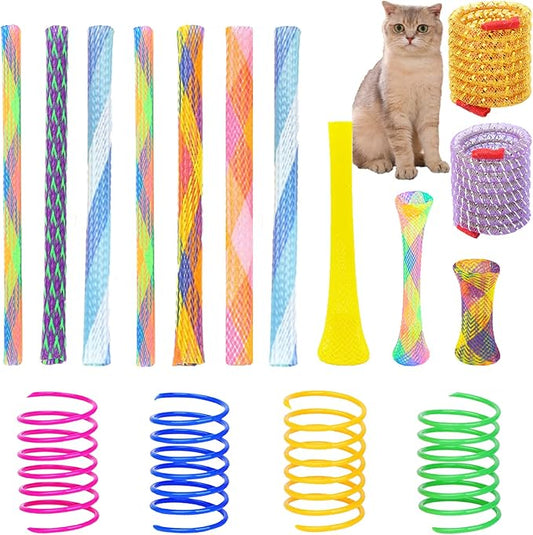 46 Piece Cat Toys Set: Colorful, Interactive Spring & Tube Toys for Indoor Cats - Flexible Plastic Spiral Coils for Kittens
