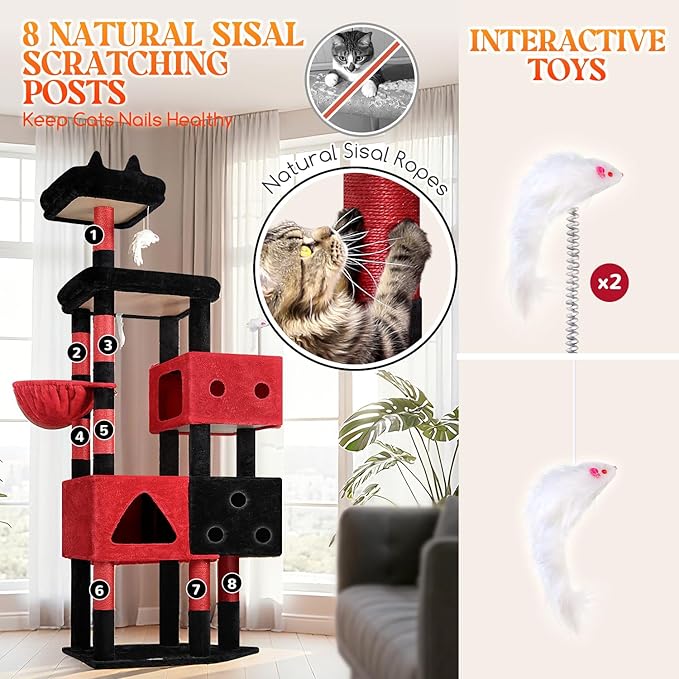Globlazer Extra Large Gothic Cat Tower, 81-inch Tall Goth Cat Tree for Big Cats 20 lbs, XXL Heavy Duty Cat Scratching Tower for Indoor Adult Cats with 3 Cat Condos, 8 Scratching Posts, F81, Black Red