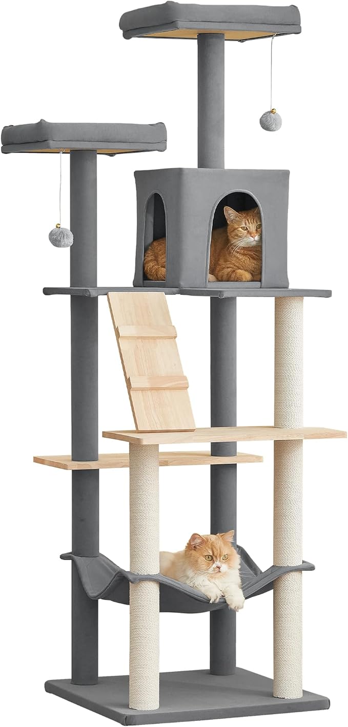 MWPO Large Modern Cat Tree, 70.1-Inch Wood Cat Tower for Indoor Cats, Multi-Level Tall Cat Condo with 2 Padded Perches, Hammock, Scratching Posts, Dangling Toys, Light Grey