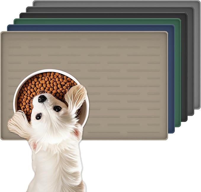 18"x12" Dog Food Mat, Silicone Dog and Cat Mats for Food and Water Bowls, Waterproof Raised Edge Pet Feeding Mat for Contain Spills Protects Floors, Multiple Colors & Sizes for Pets, Brown