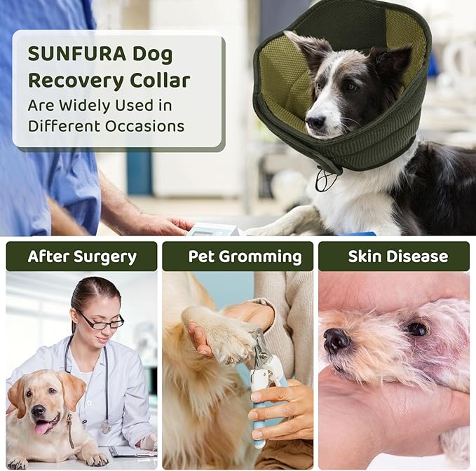 SUNFURA Dog Cone - Soft Cone for Dogs to Stop Licking, Pet E-Collar Alternative After Surgery, Adjustable Pet Recovery Collar for Wound Healing, Army Green Large