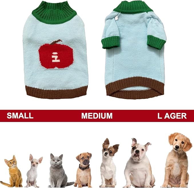 FluffgineerFall/Winter Dog & Cat Sweater - Cozy Knit Pullover for Small Pets, Light Blue with Red Apple Print, Warm & Breathable for Indoors/Outdoors, Anti-Shedding, Soft Yarn (XS/S/M/L/XL) (Large)