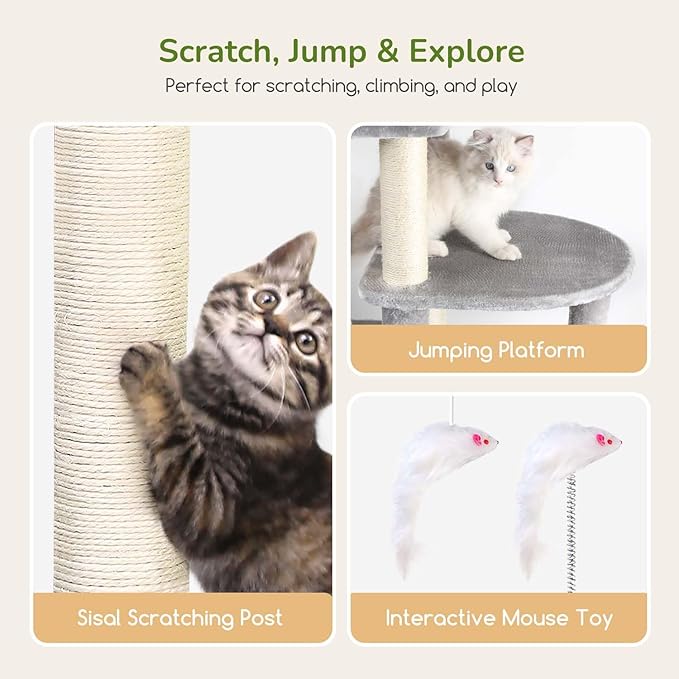 Globlazer Heavy Duty Cat Tree Tower for Large Cats, 68 inch Tall Multi-Level Sturdy Cat Tree Tower for Big Cat with 2 Oversized Condos, 2 Enlarged Perches, 2 Big Hanging Baskets, F68, Light Grey