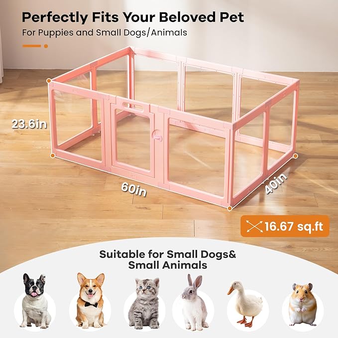 Clear Acrylic Dog Playpen Indoor, Puppy Cat Small Pet Play Pen, Pet Cat Foldable Playpen for Rabbits, Dog Fence Crate Kennel Whelping Cage (Pink, 10 Panel)