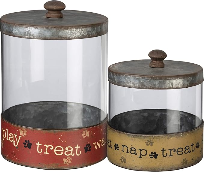 Primitives by Kathy Rustic Pet Tin Bins - Dog Food & Toy Storage Set, 'Toys & Beware of Wigglebutts' Themed Containers