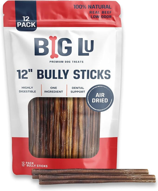 Big Lu - 12” Regular Bully Sticks, 12 Count, 100% Grass-Fed Beef Chews, Fully Digestible, Long-Lasting Treats for Aggressive Chewers, Natural Single-Ingredient Chews for Puppies and Small Dogs