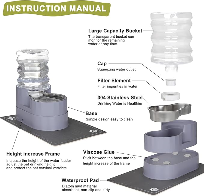 RIZZARI Automatic Pet Water Dispenser: 5L Gray Cats and Dogs Gravity Feeder - Stainless Steel Bowl - Outdoor Hiking Use