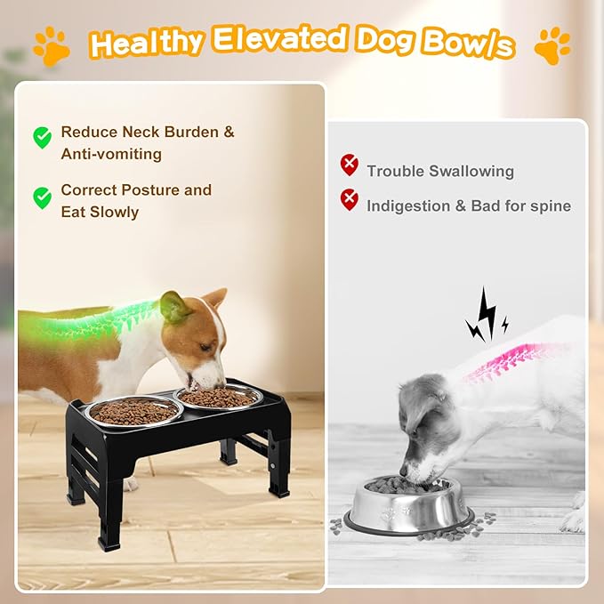 COMESOON Elevated Dog Bowls for Small Medium Dogs, 3 Height Adjustable Raised Stand with 2 Thick 6" Stainless Steel Food Bowls, Non-Slip Feeder Adjusts to 2.75", 6", 7.5", Black