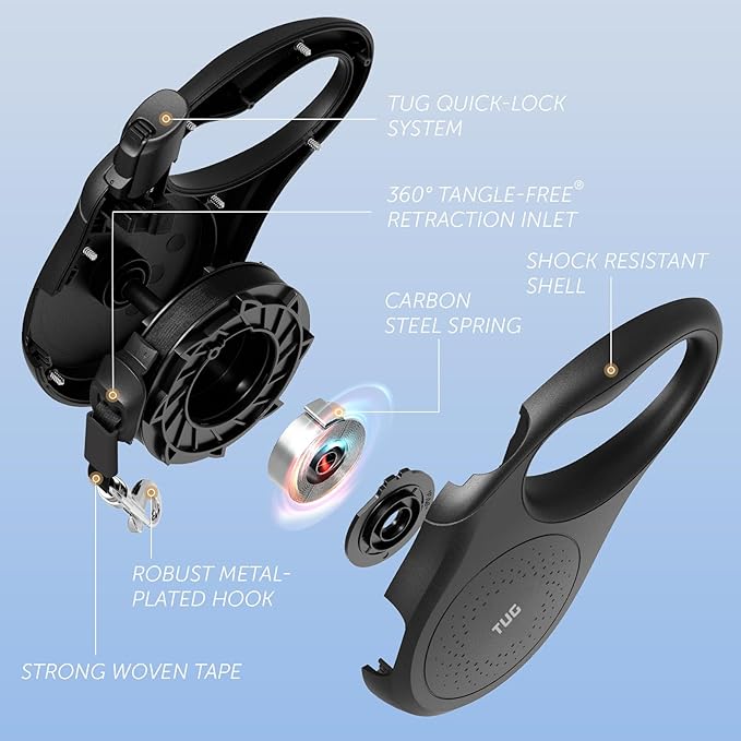 TUG Quest Retractable Dog Leash | 360° Tangle-Free Retraction | 16 ft Strong Nylon Tape (Medium, Black)