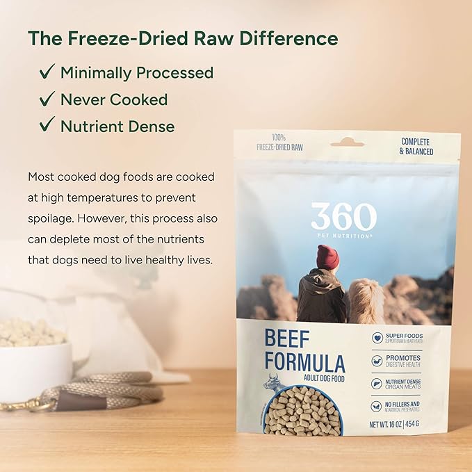 360 Pet Nutrition Freeze-Dried Raw Dog Food – Beef Recipe with Liver & Organs, High Protein with Omega-3s, Fruits, Veggies & Superfoods, Grain-Free, No Fillers, 5 oz – Made in USA