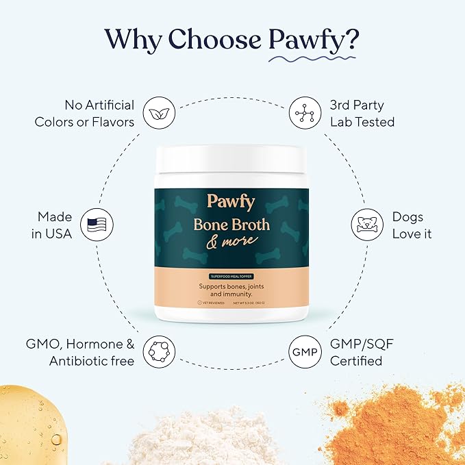 Pawfy Bone Broth for Dogs | Dog Seasoning Powder for Dry Food with Collagen - Supports Joints, Immunity & Digestion | Easy to Serve Bone Meal for Dogs | Unsalted Dog Gravy Topper for Pets