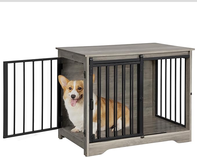 31.9" Dog Crate Furniture with Barn Door, Heavy Duty Dog Kennel Indoor with 2 Doors, Wooden Pet Cage End Table for Small Medium Dogs up to 44 lb, Anti-Chew Anti-Escape, Greige DFC83605B