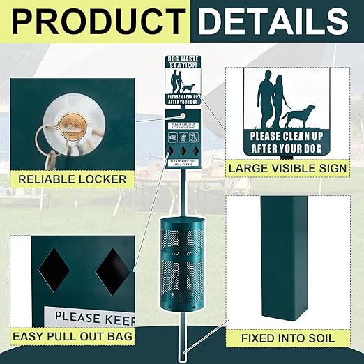 Dog Waste Station Galvanized Steel Outdoor Pet Bin with Poop Bag Dispenser Reflective Sign Rust Proof for Backyard Commercial Park