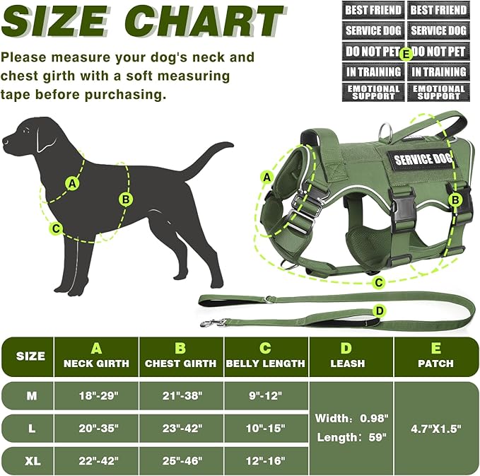Tactical Service Dog Vest Harness and Leash Set,Heavy Duty Dog Harness with Metal Buckles for Medium Sized Dogs,Adjustable No Pull Pet Vest with Patches for Training Working Hiking,Green M