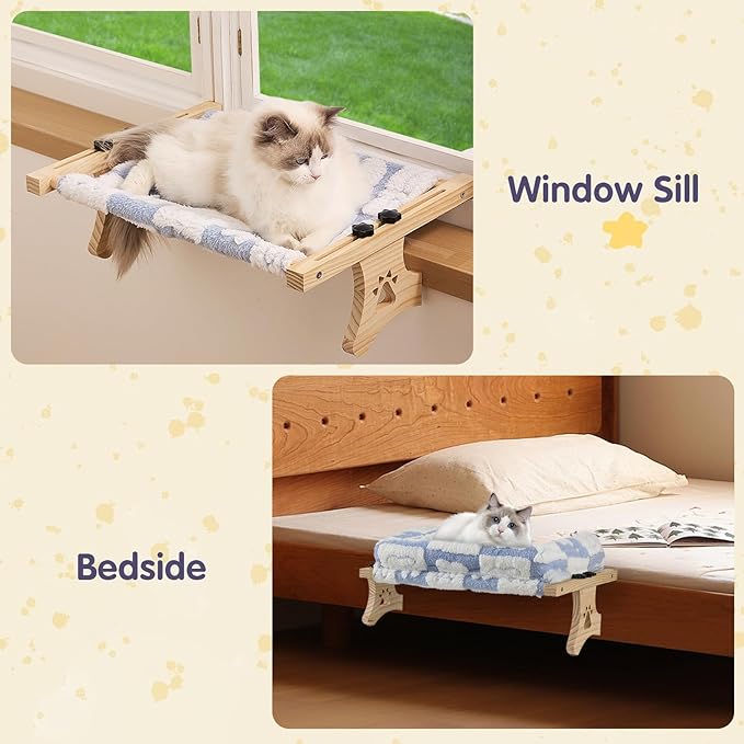 Cat Sill Window Perch Sturdy Hammock Window Seat with Cushion Bed Cover, Premium Wood & Metal Frame for Cats, Easy to Adjust Cat Bed for Windowsill, Bedside and Drawer (White-Blue, 15)