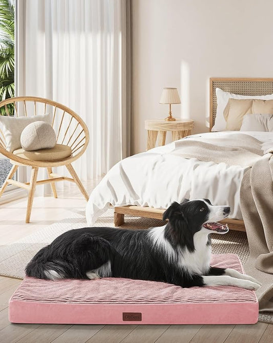 OhGeni Orthopedic Waterproof & Machine Washable Dog Bed for Medium Large Pets, Cat Mat with 25D Egg Crate Foam, Non-Slip Bottom & Removable Cover, 36 Inches(Pink)