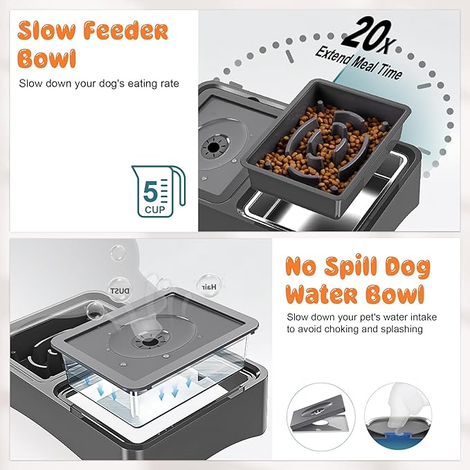 Decflow 3-in-1 Elevated Dog Bowls, 4 Height Adjustable Raised with Stainless Steel, Slow Feeder, No Spill Water Bowl, DIY Stickers Foldable Pet Bowl for Medium Large Dogs
