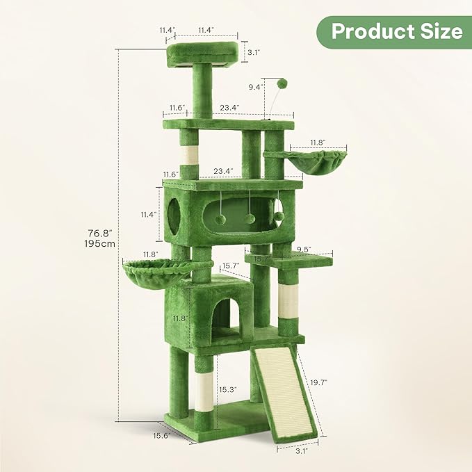 76in Cat Tree for Indoor Large Cats, Tall Cat Tower with Scratching Posts, Cat Tree Tower w/Hanging Balls, Multi-Level Condo Cozy Hammock, House, Large Activity Center, Green