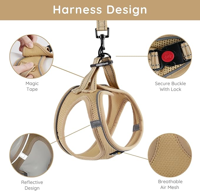 BELLA & PAL Step in Vest Harness for Small and Medium Dogs, No Pull Small Dog Harness with Leash Set, Comfortable Air Mesh Dog Vest Harness with Reflective Strip (Khaki, XS)