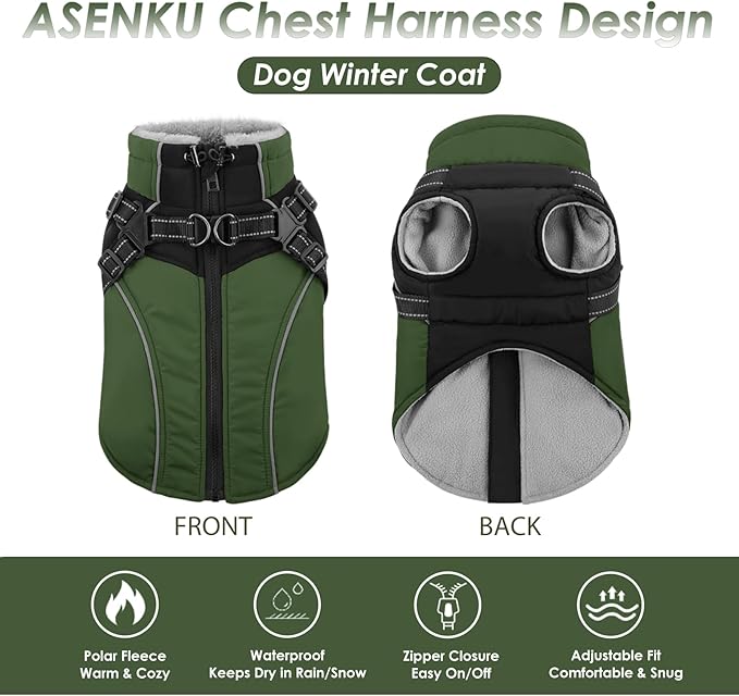 ASENKU Reflective Dog Coat with Built-in Harness, Windproof Fleece-Lined Dog Jacket for Small, Medium, Large Dogs, Warm Winter Vest with Turtleneck & Zipper (Green 2XL)
