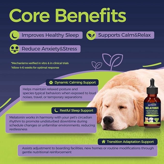 Liquid Melatonin for Dogs Melatonin Drops for Dogs & Cats,Dog Sleep Aid,Calming for Dogs Reduce Cat Stress Restful Sleep Formula with Vitamin B/D/C Bacon Flavor 2 fl oz (60 mL)