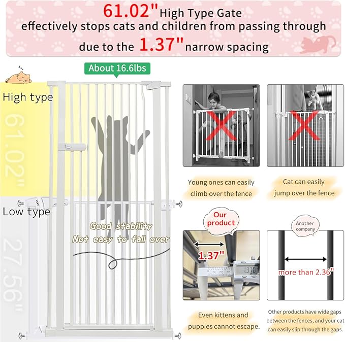 Lumizone Extra Tall Cat Gate 61.02" High Pressure Mounted Extra Wide 2025 New (17 Sizes) 1.37" Gap No Drilling Auto-Close One-Handed Operation Tall Pet Gate for Dogs(White, 38.39"-42.51"/97.5-107.5CM)