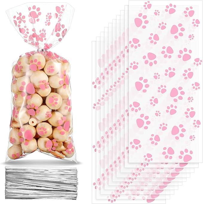 Blulu 100 Pieces Dog Treat Bags Puppy Party Favor Pet Paw Cone Cellophane Bags Candy Heat SealableDog Paw Gift with 100 Pieces Silver Twist Ties for Pet Cat Treat Party Favor(Pink)