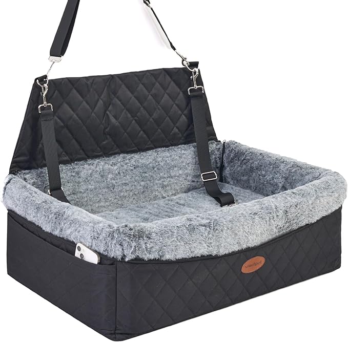 Dog Car Seat for Large/Medium Pet, Anti Slip Bottom Dogs Booster Seat for All Seasons,Pet Travel Bed with Thick Dog Sofa Cushion,2 Safety Leashes(Black)