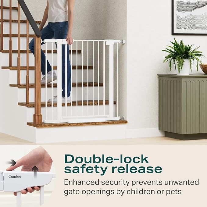 Cumbor 36" Extra Tall Baby Gate for Stairs, 29.7-40.6"(Extensions Included) Wide Dog Gate for Doorways, Pressure Mounted Auto-Close Pets Gates for Dogs Indoor, Durable Safety Child Gate, White