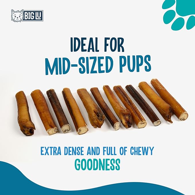 Big Lu - 6” Jumbo Bully Sticks, 10 Count, 100% Grass-Fed Beef Chews, Fully Digestible, Long-Lasting Treats for Aggressive Chewers, Natural Single-Ingredient Chews for Puppies and Small Dogs