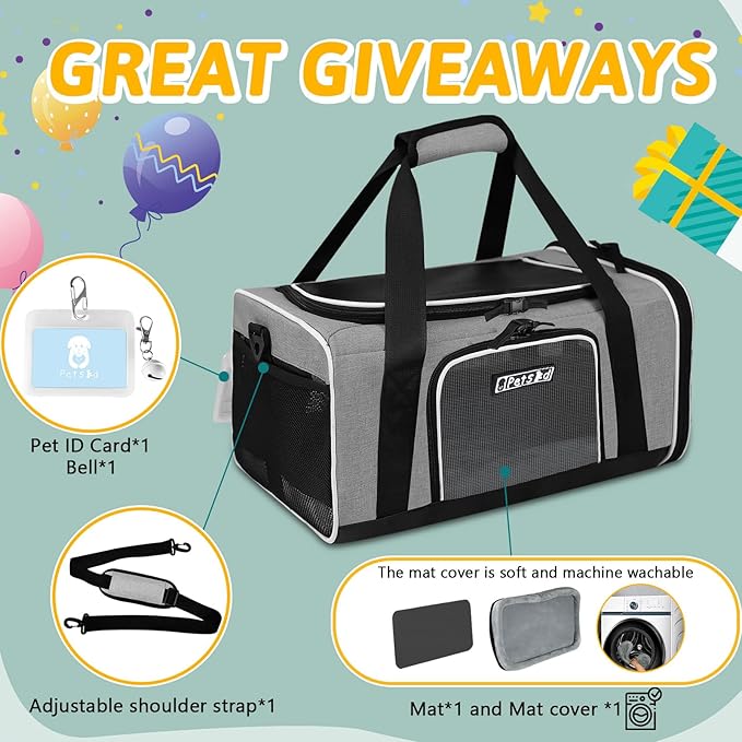 Petskd Pet Carrier 17x12x8.5 JetBlue Allegiant Airline Approved,Pet Travel Carrier Bag for Small Cats and Dogs, Soft Dog Carrier for 1-8 LBS Pets,Dog Cat Carrier with Safety Lock Zipper(Grey)