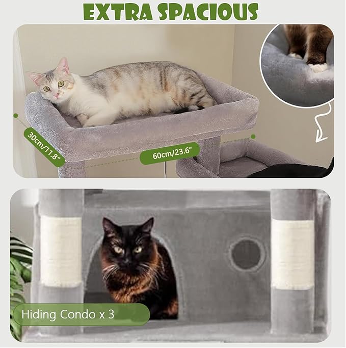84.6in Cat Tree, Patent Fabric Multilevel Cat Tower for Adult Cats, Climbing Tree House and Towers with Condo Hammock Scratching Post Large Platform Wide Base (Light Gray, 84 in)