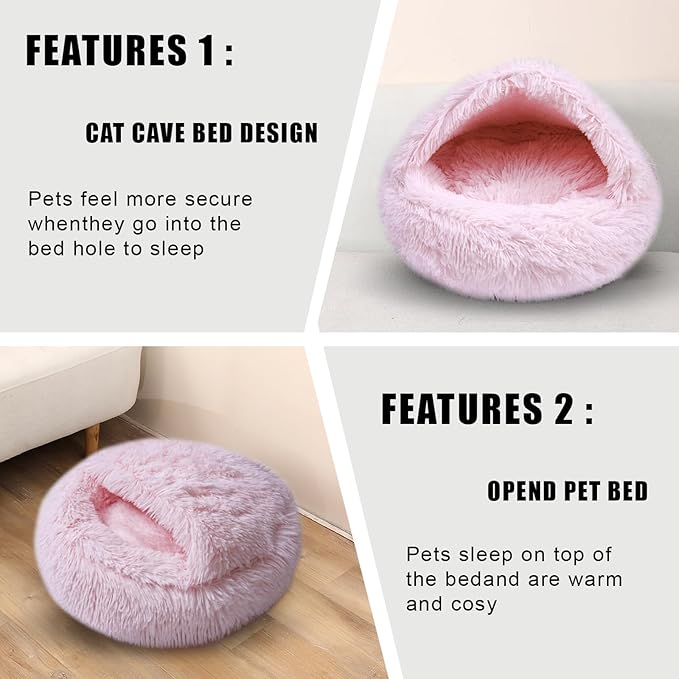 Cat Beds for Indoor Cats,Cat Cave for Puppy and Kitty,Calming Small Dog Bed for Small Dogs with Cover Cave,Cozy Warming Fluffy Washable Anti-Slip Pet Sleeping Bag(24 * 24inch,Light Pink)