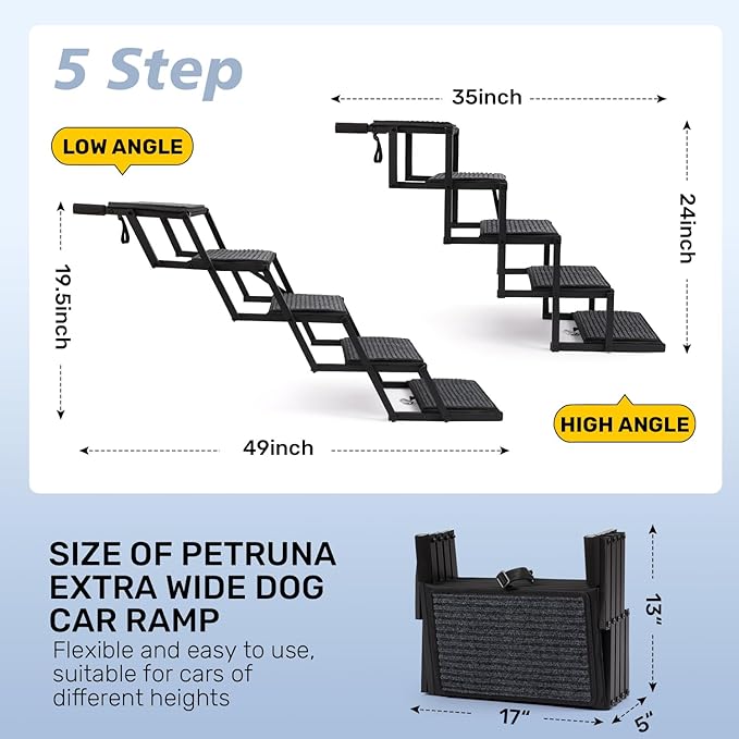 Dog Steps for Car, Truck and SUV - Foldable Pet Stairs for Large Dogs with Non-Slip Rug Surface, Lightweight Dog Ramp Holds Up to 250lbs, 5 Steps